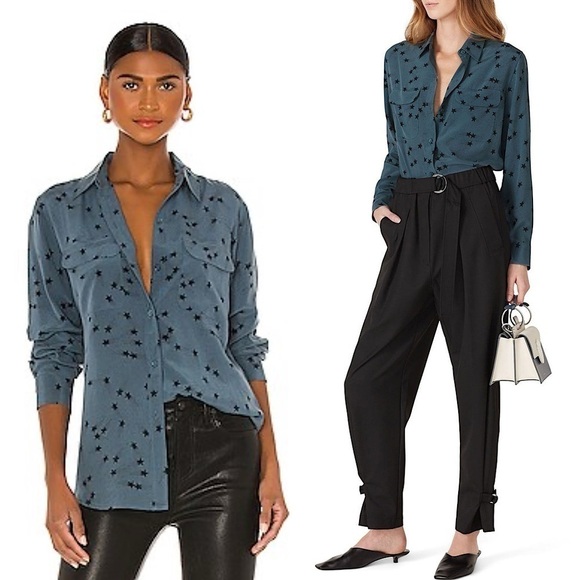 EQUIPMENT FEMME Teal Silk Star Print Long Sleeve Button Up Signature Blouse M - Picture 2 of 16